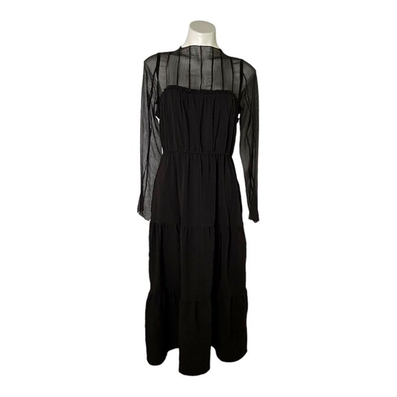 PAMELA LOVE Sheer Maxi Tiered Dress Black Long Sleeves Wednesday Goth Emo Size L - Picture 2 of 14